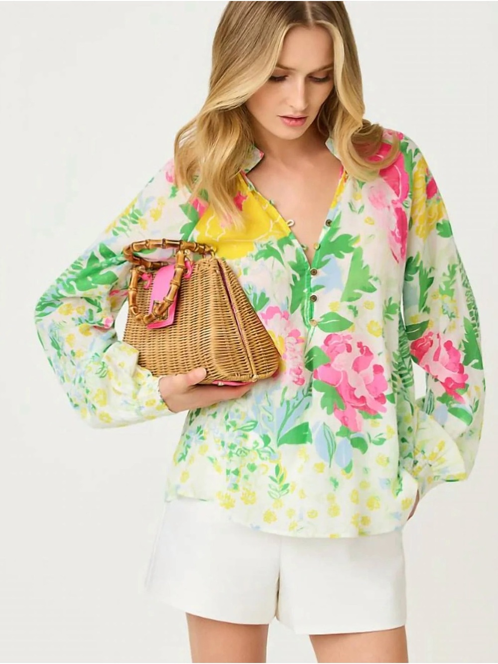 Lilly Pulitzer Floral Balloon-Sleeve Blouse in White, Green & Pink - Picture 2 of 9